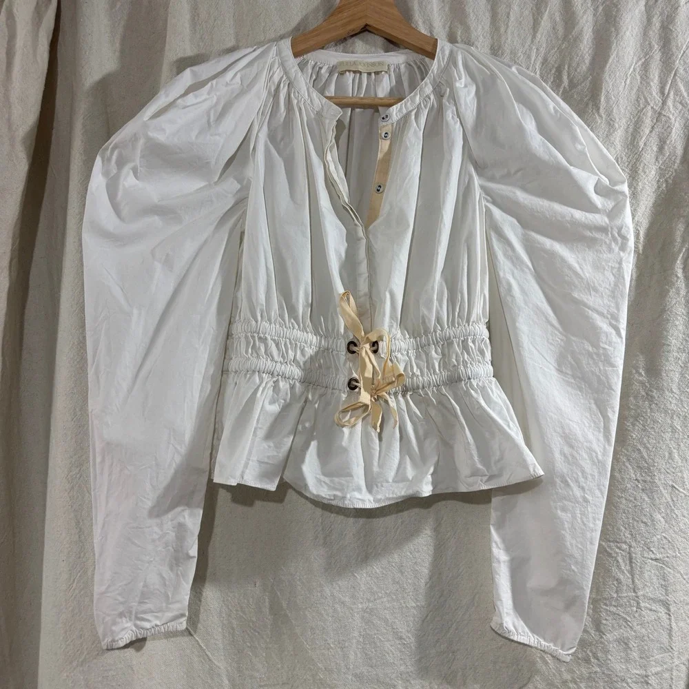 Ulla Johnson Pre-Fall 2022 White Cotton Puff Sleeve Smocked Peplum Blouse 4